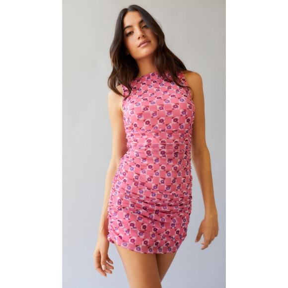 Urban Outfitters High Neck Sleeveless Tank Ruched Bodycon Mini Dress Sz Large - Picture 1 of 10